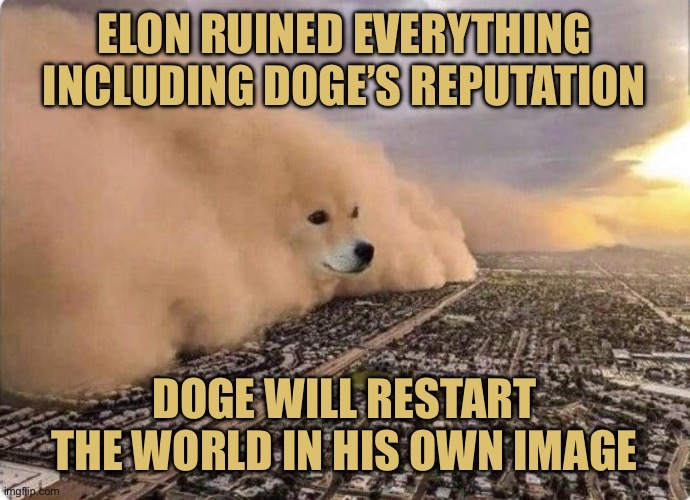 Doge Cloud | ELON RUINED EVERYTHING INCLUDING DOGE’S REPUTATION DOGE WILL RESTART THE WORLD IN HIS OWN IMAGE | image tagged in doge cloud | made w/ Imgflip meme maker