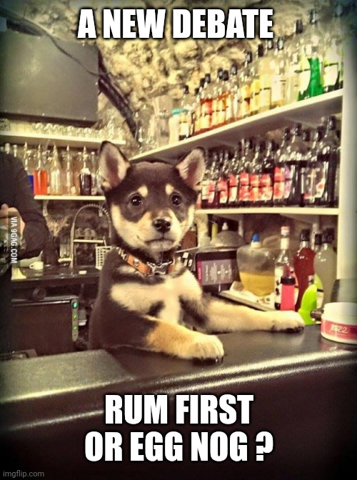 Bartender Puppy | A NEW DEBATE RUM FIRST OR EGG NOG ? | image tagged in bartender puppy | made w/ Imgflip meme maker