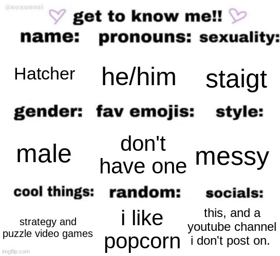 i saw this trending i thought i might join in i guess. | Hatcher; he/him; staigt; don't have one; messy; male; this, and a youtube channel i don't post on. i like popcorn; strategy and puzzle video games | image tagged in get to know me but better | made w/ Imgflip meme maker