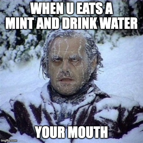 I never learn :( | WHEN U EATS A MINT AND DRINK WATER; YOUR MOUTH | image tagged in frozen guy,pain,freezing cold,water,minty | made w/ Imgflip meme maker