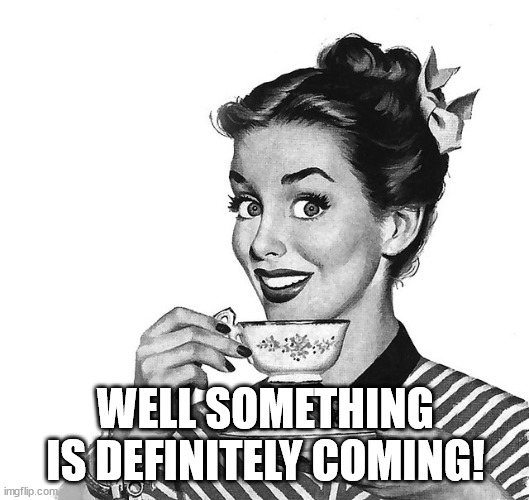 Retro woman teacup | WELL SOMETHING IS DEFINITELY COMING! | image tagged in retro woman teacup | made w/ Imgflip meme maker