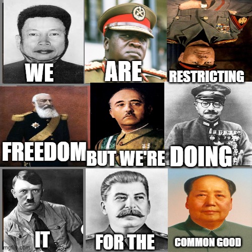 Dictatorial Good | ARE; RESTRICTING; WE; FREEDOM; DOING; BUT WE'RE; IT; FOR THE; COMMON GOOD | image tagged in tyranny,dictator,hitler,stalin,mao | made w/ Imgflip meme maker