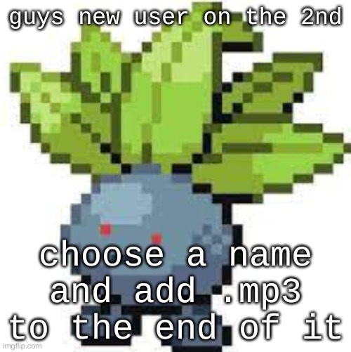 nothing nsfw | guys new user on the 2nd; choose a name and add .mp3 to the end of it | image tagged in oddish straight face | made w/ Imgflip meme maker