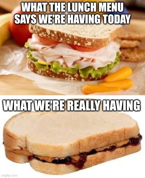 Why do they change it last minute! | WHAT THE LUNCH MENU SAYS WE'RE HAVING TODAY; WHAT WE'RE REALLY HAVING | image tagged in healthy lunch,peanut butter jelly sandwich | made w/ Imgflip meme maker