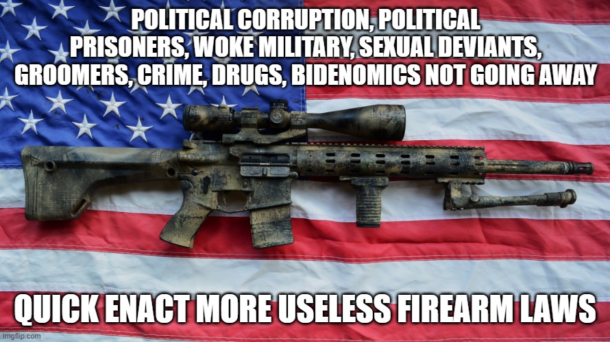 Democrat playbook | POLITICAL CORRUPTION, POLITICAL PRISONERS, WOKE MILITARY, SEXUAL DEVIANTS, GROOMERS, CRIME, DRUGS, BIDENOMICS NOT GOING AWAY; QUICK ENACT MORE USELESS FIREARM LAWS | image tagged in ar-15,democrat war on america,2nd amendment,do not comply,rifles scare democrats,same old lies | made w/ Imgflip meme maker