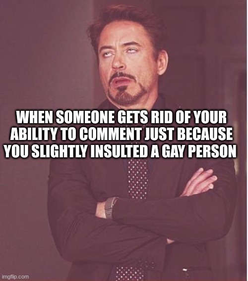 This just happened to me and I feel like killing them rn | WHEN SOMEONE GETS RID OF YOUR ABILITY TO COMMENT JUST BECAUSE YOU SLIGHTLY INSULTED A GAY PERSON | image tagged in memes,face you make robert downey jr | made w/ Imgflip meme maker