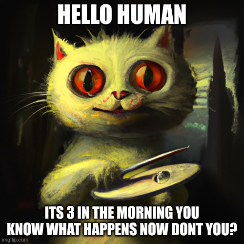 GET ME OUT!!! | HELLO HUMAN; ITS 3 IN THE MORNING YOU KNOW WHAT HAPPENS NOW DONT YOU? | image tagged in cat with knife | made w/ Imgflip meme maker