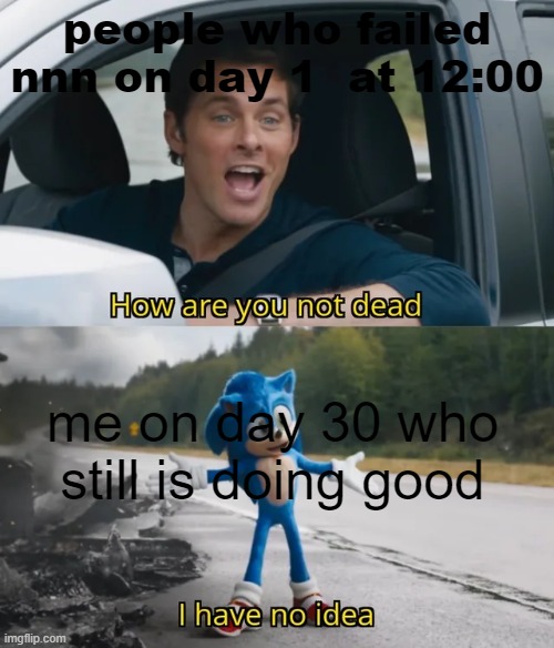 Sonic I have no idea | people who failed nnn on day 1  at 12:00; me on day 30 who still is doing good | image tagged in sonic i have no idea | made w/ Imgflip meme maker