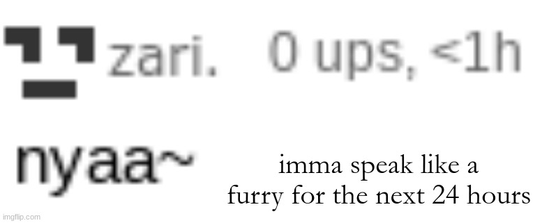 zari nyaa | imma speak like a furry for the next 24 hours | image tagged in zari nyaa | made w/ Imgflip meme maker