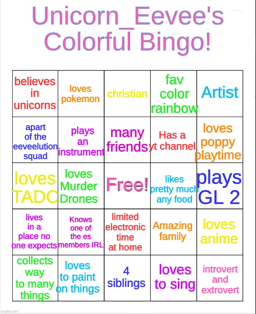 Unicorn_Eevee colorful bingo! Blank Meme Template
