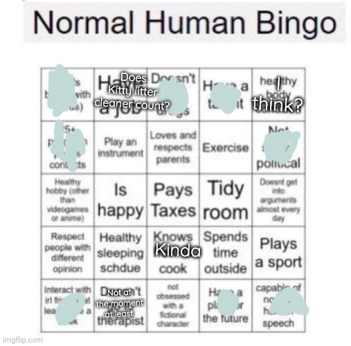 I'm weirder than I realized : D | Does Kitty litter cleaner count? I think? Kinda; Not at the moment at least | image tagged in normal human bingo | made w/ Imgflip meme maker