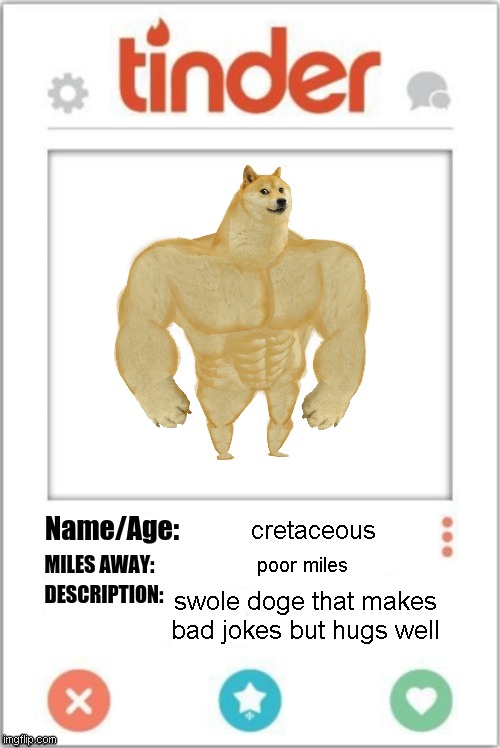 So...Are you aroused now? ;) | cretaceous; poor miles; swole doge that makes bad jokes but hugs well | image tagged in tinder profile | made w/ Imgflip meme maker