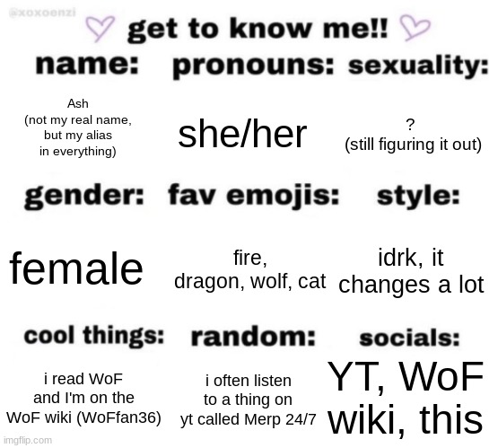 i've seen others do it and thought it sounded fun! | Ash
(not my real name, but my alias in everything); she/her; ? 
(still figuring it out); fire, dragon, wolf, cat; idrk, it changes a lot; female; YT, WoF wiki, this; i often listen to a thing on yt called Merp 24/7; i read WoF and I'm on the WoF wiki (WoFfan36) | image tagged in get to know me but better | made w/ Imgflip meme maker