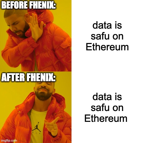 fhenix before & after | BEFORE FHENIX:; data is safu on Ethereum; AFTER FHENIX:; data is safu on Ethereum | image tagged in memes,drake hotline bling,cryptocurrency,crypto,data,privacy | made w/ Imgflip meme maker