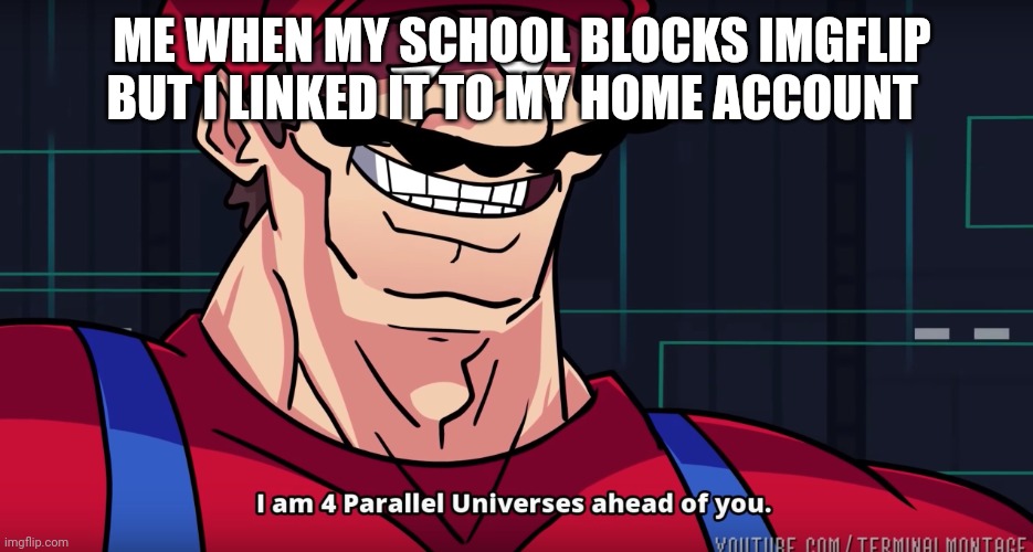 Real | ME WHEN MY SCHOOL BLOCKS IMGFLIP BUT I LINKED IT TO MY HOME ACCOUNT | image tagged in mario i am four parallel universes ahead of you | made w/ Imgflip meme maker