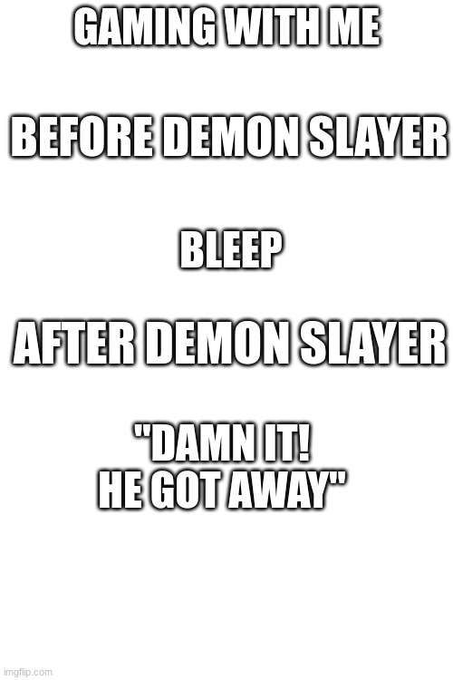 anyone understand me? | GAMING WITH ME; BEFORE DEMON SLAYER; BLEEP; AFTER DEMON SLAYER; "DAMN IT! HE GOT AWAY" | made w/ Imgflip meme maker