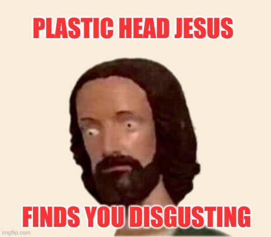 Plastic Jesus Head | PLASTIC HEAD JESUS; FINDS YOU DISGUSTING | image tagged in plastic jesus head,disgusting,ewwww,why does this exist,wow,jesus | made w/ Imgflip meme maker