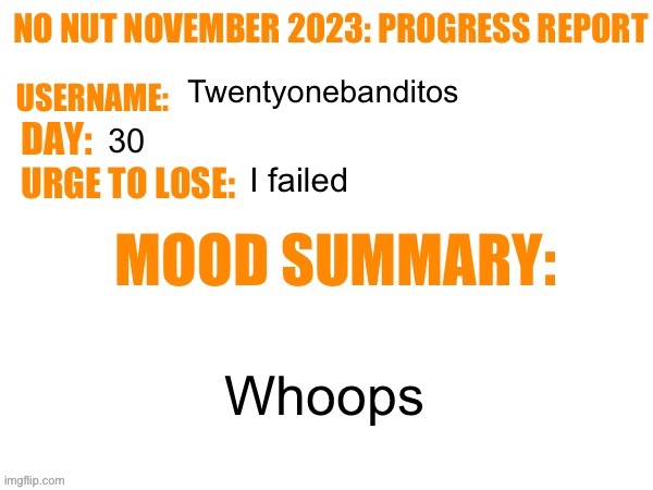 Womp womp | Twentyonebanditos; 30; I failed; Whoops | image tagged in no nut november 2023 progress report | made w/ Imgflip meme maker