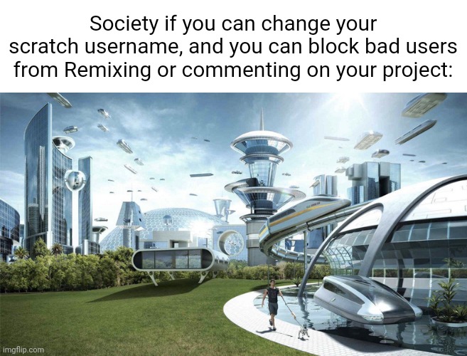 Man i wish these features existed, as well as some other features i didn't mention cuz I'm lazy... | Society if you can change your scratch username, and you can block bad users from Remixing or commenting on your project: | image tagged in the future world if | made w/ Imgflip meme maker