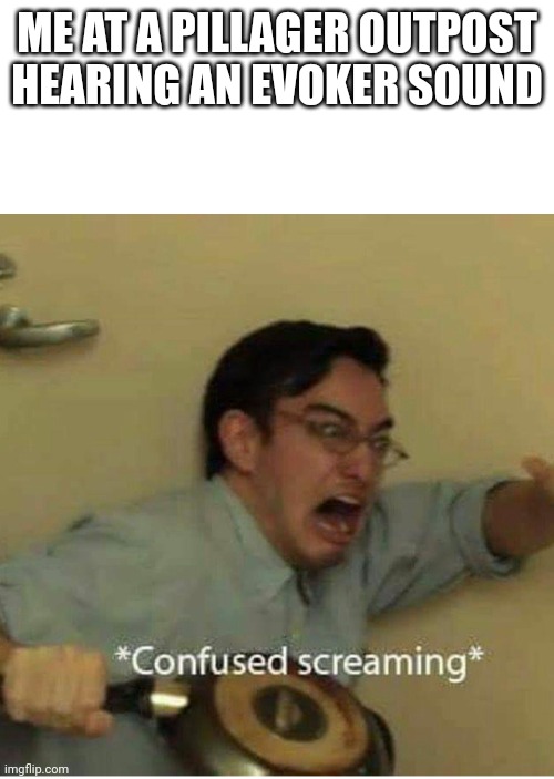 confused screaming | ME AT A PILLAGER OUTPOST HEARING AN EVOKER SOUND | image tagged in confused screaming | made w/ Imgflip meme maker