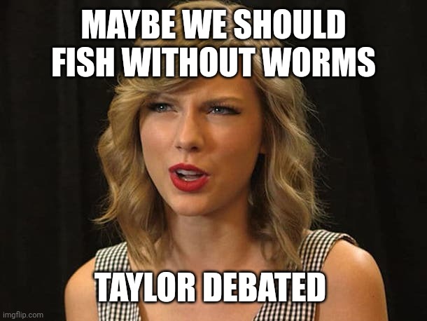 Taylor debated | MAYBE WE SHOULD FISH WITHOUT WORMS; TAYLOR DEBATED | image tagged in taylor swiftie | made w/ Imgflip meme maker