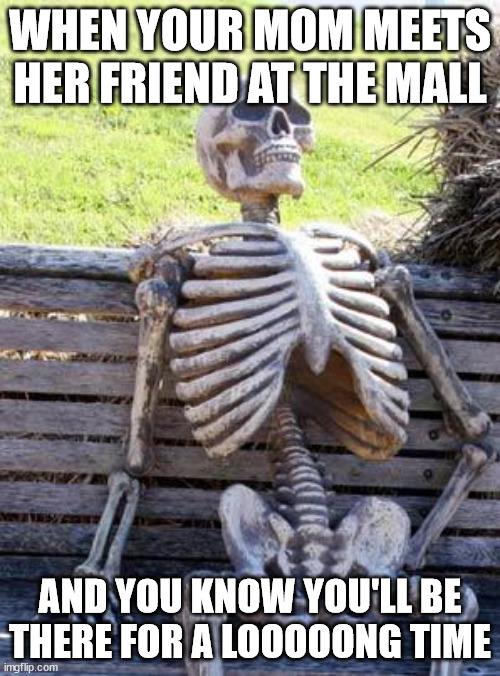 Waiting Skeleton | WHEN YOUR MOM MEETS HER FRIEND AT THE MALL; AND YOU KNOW YOU'LL BE THERE FOR A LOOOOONG TIME | image tagged in memes,waiting skeleton | made w/ Imgflip meme maker