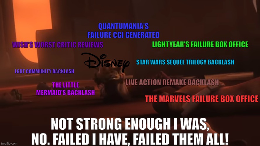 Disney's future portray as Yoda | QUANTUMANIA'S FAILURE CGI GENERATED; WISH'S WORST CRITIC REVIEWS; LIGHTYEAR'S FAILURE BOX OFFICE; STAR WARS SEQUEL TRILOGY BACKLASH; LGBT COMMUNITY BACKLASH; LIVE ACTION REMAKE BACKLASH; THE LITTLE MERMAID'S BACKLASH; THE MARVELS FAILURE BOX OFFICE; NOT STRONG ENOUGH I WAS, NO. FAILED I HAVE, FAILED THEM ALL! | image tagged in yoda,disney,pixar,star wars,marvel cinematic universe | made w/ Imgflip meme maker
