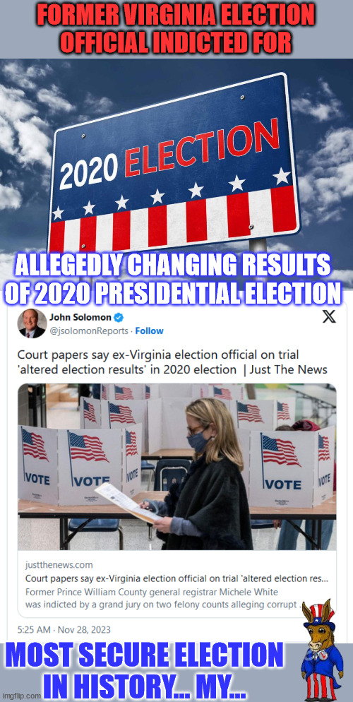 “Her alterations resulted in the false reporting of the election results from Prince William County,” | FORMER VIRGINIA ELECTION OFFICIAL INDICTED FOR; ALLEGEDLY CHANGING RESULTS OF 2020 PRESIDENTIAL ELECTION; MOST SECURE ELECTION IN HISTORY... MY... | image tagged in election 2020,fraud,election fraud,america,robbed | made w/ Imgflip meme maker
