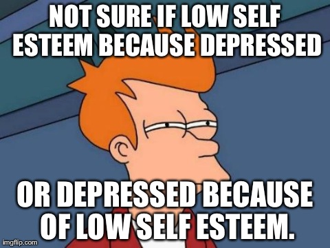 Depressed Fry | NOT SURE IF LOW SELF ESTEEM BECAUSE DEPRESSED OR DEPRESSED BECAUSE OF LOW SELF ESTEEM. | image tagged in memes,futurama fry,depressed,low,self esteem,not | made w/ Imgflip meme maker