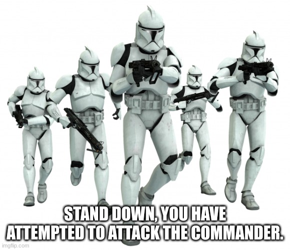 Clone Trooper Squad | STAND DOWN, YOU HAVE ATTEMPTED TO ATTACK THE COMMANDER. | image tagged in clone trooper squad | made w/ Imgflip meme maker