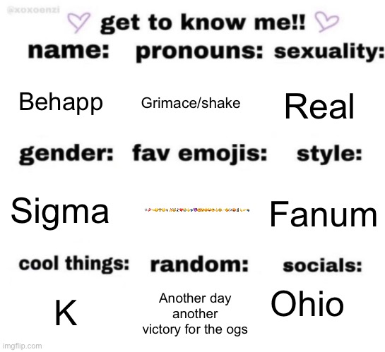 My brain is rotting | Behapp; Grimace/shake; Real; 💀💯👈🤓🤠😔🤷🔥😇🧑🏿‍🦼❤️😭👍🗣😈🥰😯😍😜🥺🖕😎✨😘☠️🤬🗿👆👉🤷‍♂️; Fanum; Sigma; Ohio; Another day another victory for the ogs; K | image tagged in get to know me but better | made w/ Imgflip meme maker