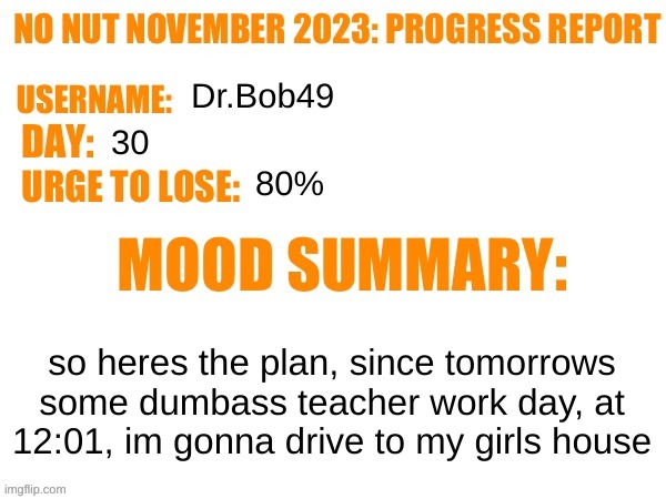 she said her parents arent home ? | Dr.Bob49; 30; 80%; so heres the plan, since tomorrows some dumbass teacher work day, at 12:01, im gonna drive to my girls house | image tagged in no nut november 2023 progress report | made w/ Imgflip meme maker