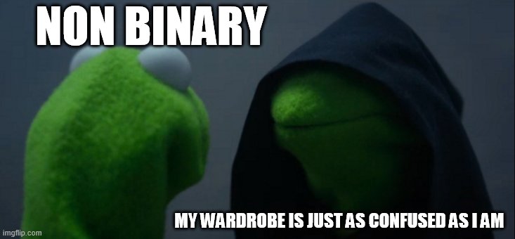 im confused | NON BINARY; MY WARDROBE IS JUST AS CONFUSED AS I AM | image tagged in memes,evil kermit | made w/ Imgflip meme maker