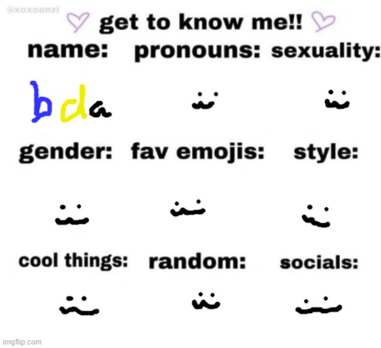 O~O | image tagged in get to know me but better | made w/ Imgflip meme maker