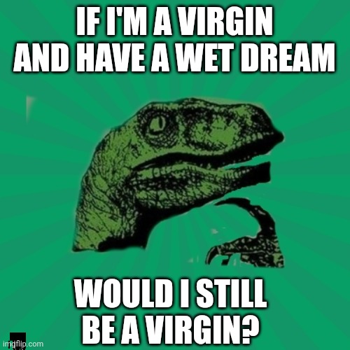 TrexWW3 | IF I'M A VIRGIN AND HAVE A WET DREAM; WOULD I STILL BE A VIRGIN? | image tagged in trexww3 | made w/ Imgflip meme maker