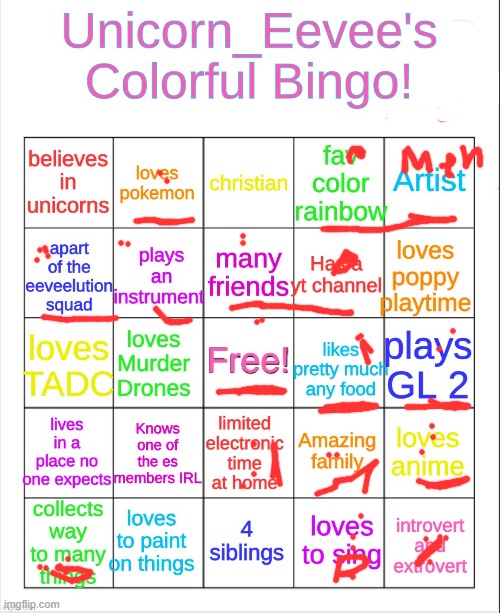 ;w; also i joined the fandom page | image tagged in unicorn_eevee colorful bingo | made w/ Imgflip meme maker
