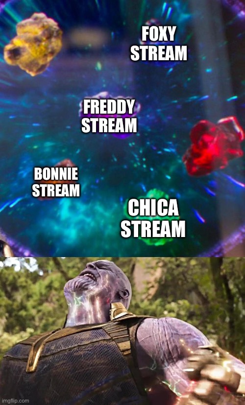 Thanos Infinity Stones | FOXY STREAM FREDDY STREAM BONNIE STREAM CHICA STREAM | image tagged in thanos infinity stones | made w/ Imgflip meme maker
