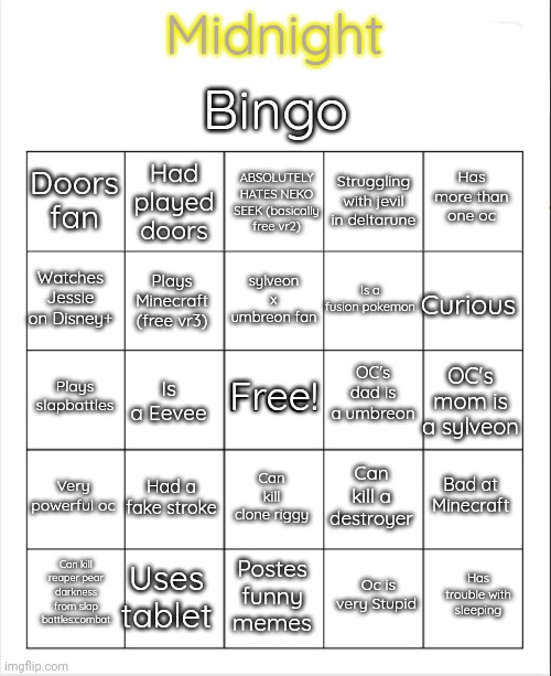 Midnight bingo! | Bingo; Midnight; ABSOLUTELY HATES NEKO SEEK (basically free vr2); Had played doors; Has more than one oc; Doors fan; Struggling with jevil in deltarune; sylveon x umbreon fan; Watches Jessie on Disney+; Curious; Is a fusion pokemon; Plays Minecraft (free vr3); OC's dad is a umbreon; Plays slapbattles; Free! OC's mom is a sylveon; Is a Eevee; Very powerful oc; Had a fake stroke; Bad at Minecraft; Can kill a destroyer; Can kill clone riggy; Uses tablet; Has trouble with sleeping; Can kill reaper pear darkness from slap battles:combat; Postes funny memes; Oc is very Stupid | image tagged in blank bingo | made w/ Imgflip meme maker