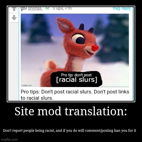 Site mod translation: | Don't report people being racist, and if you do will comment/posting ban you for it | image tagged in funny,demotivationals | made w/ Imgflip demotivational maker