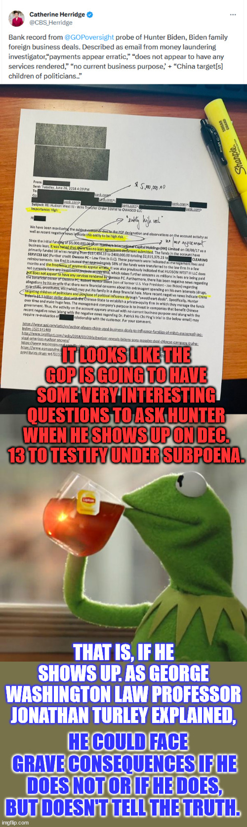 Looks like Hunter has some explaining to do... | IT LOOKS LIKE THE GOP IS GOING TO HAVE SOME VERY INTERESTING QUESTIONS TO ASK HUNTER WHEN HE SHOWS UP ON DEC. 13 TO TESTIFY UNDER SUBPOENA. THAT IS, IF HE SHOWS UP. AS GEORGE WASHINGTON LAW PROFESSOR JONATHAN TURLEY EXPLAINED, HE COULD FACE GRAVE CONSEQUENCES IF HE DOES NOT OR IF HE DOES, BUT DOESN'T TELL THE TRUTH. | image tagged in memes,but that's none of my business,hunter biden,i can explain | made w/ Imgflip meme maker