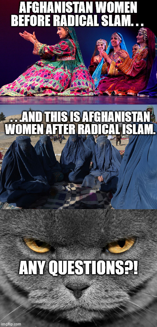 Radical Islam. . .doesn't do anyone any good. | AFGHANISTAN WOMEN BEFORE RADICAL SLAM. . . . . .AND THIS IS AFGHANISTAN WOMEN AFTER RADICAL ISLAM. ANY QUESTIONS?! | image tagged in grumpy graey cat,true oppression,radical islam | made w/ Imgflip meme maker