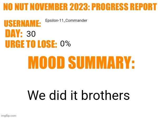 No Nut November 2023 Progress Report | Epsilon-11_Commander; 30; 0%; We did it brothers | image tagged in no nut november 2023 progress report | made w/ Imgflip meme maker