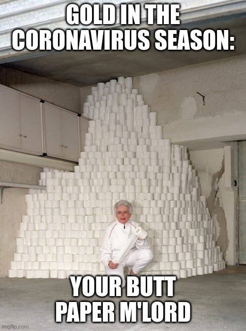 mountain of toilet paper | GOLD IN THE CORONAVIRUS SEASON:; YOUR BUTT PAPER M'LORD | image tagged in mountain of toilet paper | made w/ Imgflip meme maker