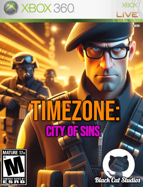 TimeZone:City Of Sins | TIMEZONE:; City Of Sins; Black Cat Studios | image tagged in timezone,cartoon,movie,game,idea,dlc cover | made w/ Imgflip meme maker