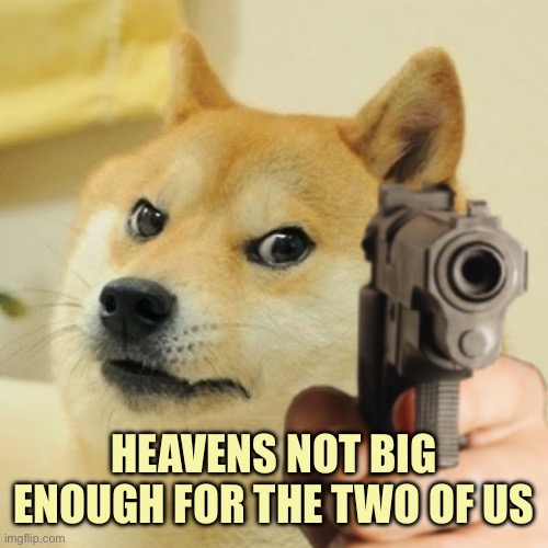 Doge holding a gun | HEAVENS NOT BIG ENOUGH FOR THE TWO OF US | image tagged in doge holding a gun | made w/ Imgflip meme maker