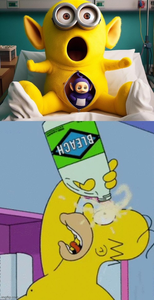 Teletubbies origin | image tagged in homer bleaching eyes,teletubbies,minions,minion,baby,birth | made w/ Imgflip meme maker