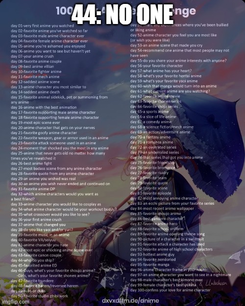 100 day anime challenge | 44: NO ONE | image tagged in 100 day anime challenge | made w/ Imgflip meme maker