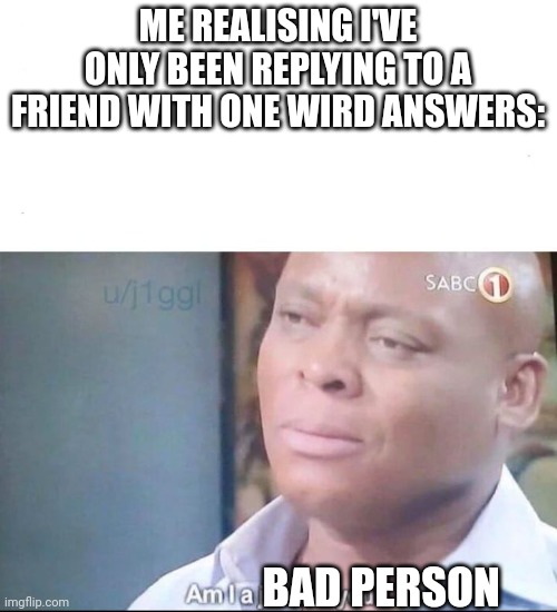 am I a joke to you | ME REALISING I'VE ONLY BEEN REPLYING TO A FRIEND WITH ONE WIRD ANSWERS:; BAD PERSON | image tagged in am i a joke to you | made w/ Imgflip meme maker