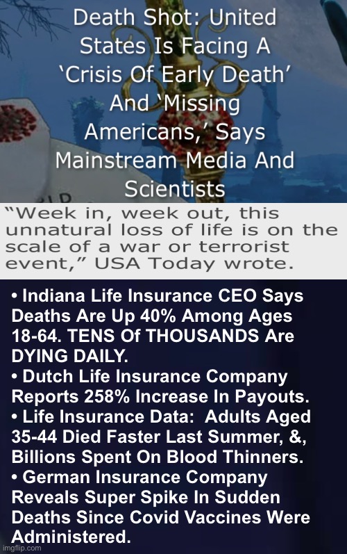 No Lefties Allowed Here.  This info would not interest you. | • Indiana Life Insurance CEO Says
Deaths Are Up 40% Among Ages
18-64. TENS Of THOUSANDS Are
DYING DAILY.
• Dutch Life Insurance Company
Reports 258% Increase In Payouts.
• Life Insurance Data:  Adults Aged
35-44 Died Faster Last Summer, &,
Billions Spent On Blood Thinners.
• German Insurance Company
Reveals Super Spike In Sudden
Deaths Since Covid Vaccines Were
Administered. | image tagged in memes,they follow the ignorance is bliss theme,stupid way to live,stupid way to die,but then theyr lefties,fjb voters kissmyass | made w/ Imgflip meme maker
