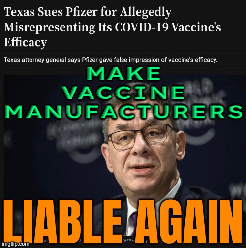 Make Vaccine Manufacturers Liable Again | MAKE
VACCINE
MANUFACTURERS; LIABLE AGAIN | image tagged in attorney general ken paxton sues pfizer,texas,covid-19,covid,coronavirus meme,covid vaccine | made w/ Imgflip meme maker